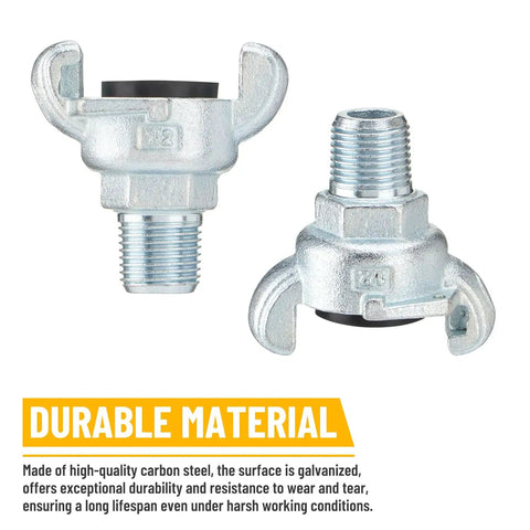 Half Inch NPT Iron Air Hose Fittings Set with Chicago Universal Coupling, showing two galvanized male fittings