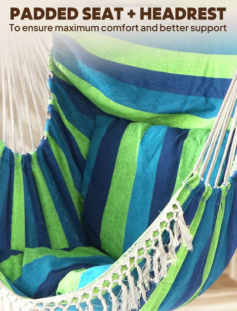 Hammock Chair Swing With Cushions Included Cozy And Chill, Easy Hanging With Strong Webbing Straps And Hooks, Soft Cotton Material