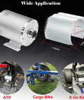 36V 1000W Brushless DC Mid Motor Kit with 3100 RPM no load for ATVs, cargo bikes, and go-karts, shown with specifications and applications
