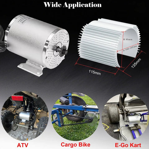 36V 1000W Brushless DC Mid Motor Kit with 3100 RPM no load for ATVs, cargo bikes, and go-karts, shown with specifications and applications
