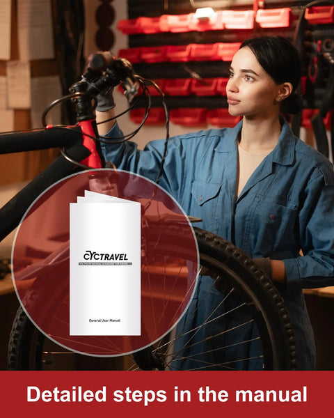 Person in blue overalls working on a mountain bike with a manual for Go To Hydraulic Disc Brake Bleed Kit With Mineral Oil Included, 180 Ml Capacity Plus 3 Bottles Of 60 Ml, 13 Adapters, Works With Shimano TEKTRO TRP Hydraulic Systems For Mountain Bikes, Easy Refill And Spill Free Maintenance.