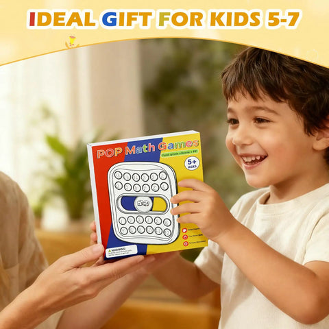 Child holding Bubble Pop Math Game For Kids Ages 4 5 6 7 With Fast Addition And Subtraction Challenge Two Player Family Learning Toy box.