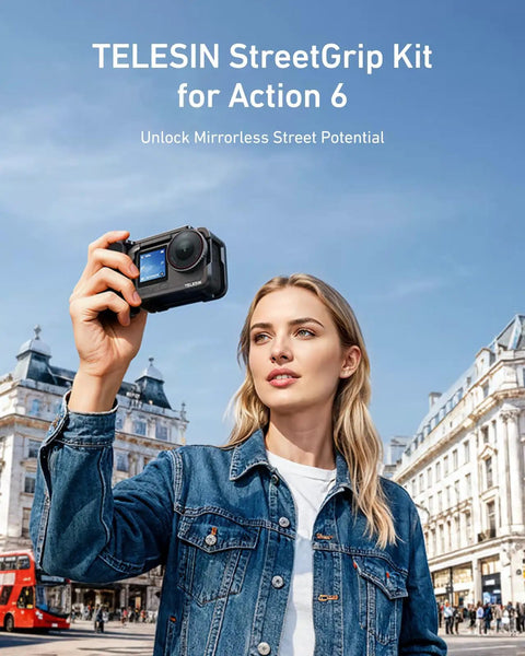 Person holding DJI Action 6 with Street Grip Kit For DJI Action 6 With Metal Cage Camera Grip Holder Seesaw Shutter Button outdoors.