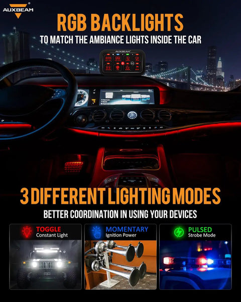 Beefed-Up 8 Gang Toggle Switch Panel With RGB Backlit display in car interior, showing lighting modes and controls