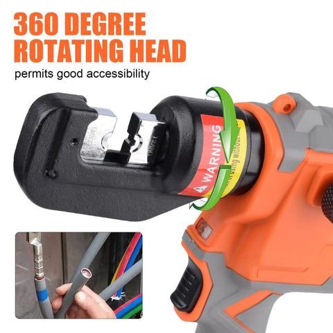 Slick Electric Hydraulic Crimping Tool Featuring Brushless Motor with 360 degree rotating head for accessibility.