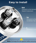 Dual Run 45/5 MFD Capacitor 370V/440V for Air Conditioners with labeled terminals for easy installation