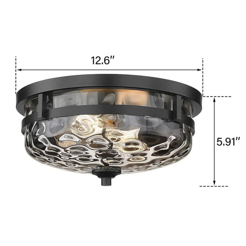 2 Light Farmhouse Flush Mount Ceiling Light Black With Hammered Glass Industrial Close To Ceiling Fixture, side view.