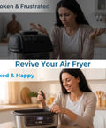 Woman frustrated with broken air fryer and then happy after fixing it, using Replacement Sensor Switch Lever Micro Switch 16A 125V 250V for Air Fryer Models FG550 AG301 AG302 AG400 LG450CO AG300 AG450 BG550 FG551 IG601 IG651 Spare Parts Kit Two Pack.