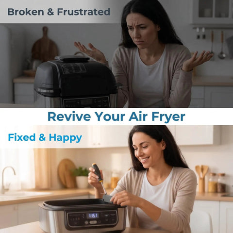 Woman frustrated with broken air fryer and then happy after fixing it, using Replacement Sensor Switch Lever Micro Switch 16A 125V 250V for Air Fryer Models FG550 AG301 AG302 AG400 LG450CO AG300 AG450 BG550 FG551 IG601 IG651 Spare Parts Kit Two Pack.