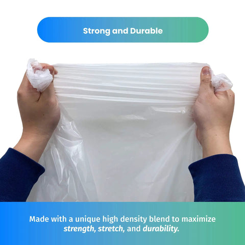 Top Tier 300 Count Clear Trash Bags 6 To 10 Gallon Bathroom Liners 23 By 27 Inches 8 Micron Thick Zero Sweat Daily Grind Essential Sweet Grab For Quick Cleanups being held by hands, showcasing strength and durability.