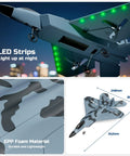 F22 Fighter Inspired RC Plane for Beginners and Kids Ready to Fly Two Channel Two Point Four GHz Remote Control Aircraft With Bright LED Lights Auto Balance Dual Batteries Durable EPP Foam Night Flight Fun showing LED lights and EPP foam material.