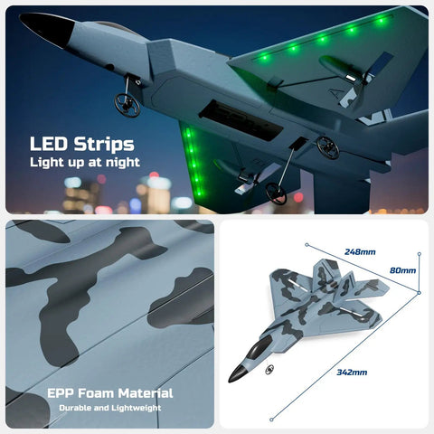 F22 Fighter Inspired RC Plane for Beginners and Kids Ready to Fly Two Channel Two Point Four GHz Remote Control Aircraft With Bright LED Lights Auto Balance Dual Batteries Durable EPP Foam Night Flight Fun showing LED lights and EPP foam material.