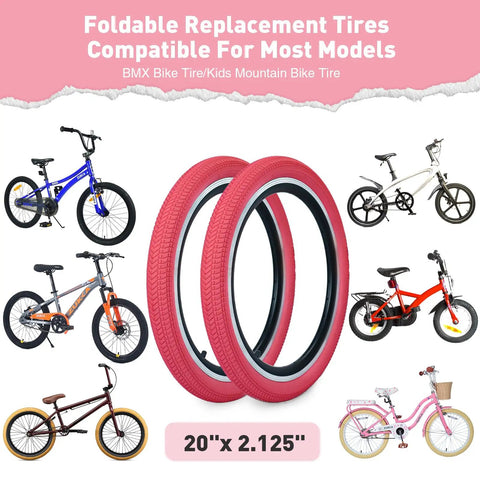 Pink 20x2.125 bike tire with tube pack of 2 for kids bikes fits most 20 inch bicycles BMX replacement tires tubes and levers included