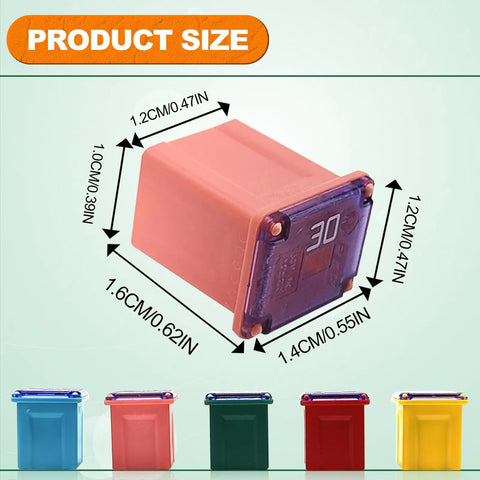 Built Tough Low Profile Fuse Assortment Kit For Trucks Cars And Suvs Includes Ten Pcs Road Ready Box Blade Micro Cartridge Fuses With Copper Contacts Rated At Twenty Thirty Forty Fifty And Sixty Amps, size details of pink 30 amp fuse.