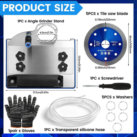 45 Degree Tile Chamfering Tool Kit For Angle Grinders With 5 Saw Blades 39 Inch Hose Gloves Screwdriver Washers Adapters And A Real Workhorse Tile Edging Cutter Set showing components