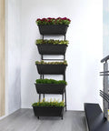 Five Tier Vertical Garden Planter For Balcony Or Patio No Bend Ergonomic Design Space Saving Raised Garden Bed For Herbs Flowers And Vegetables Easy Setup Durable Weather Resistant Black installed on balcony