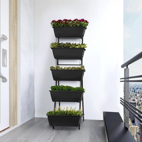 Five Tier Vertical Garden Planter For Balcony Or Patio No Bend Ergonomic Design Space Saving Raised Garden Bed For Herbs Flowers And Vegetables Easy Setup Durable Weather Resistant Black installed on balcony