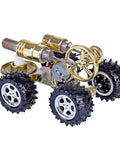 Car Kit With Alcohol Lamp Power Featuring Stirling Engine Tech, Metal Hot Air Car Model For Hands On Science, Thermodynamics STEM Project Toy For Teens And Adults, Real Power Generation And Movement. brass metal car kit with four black tires and alcohol lamp