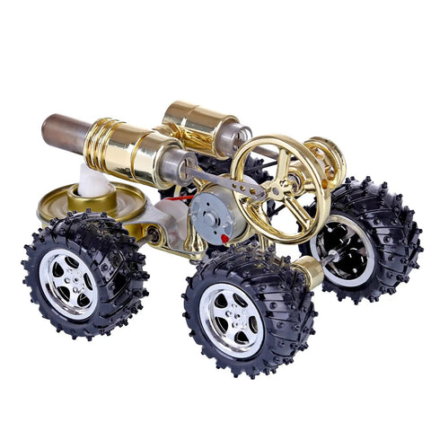 Car Kit With Alcohol Lamp Power Featuring Stirling Engine Tech, Metal Hot Air Car Model For Hands On Science, Thermodynamics STEM Project Toy For Teens And Adults, Real Power Generation And Movement. brass metal car kit with four black tires and alcohol lamp