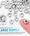 200 Piece Stainless Steel Hex Nuts Heavy Duty Hardware Fasteners For Repair Assembly And Fabrication Jobs Built Tough And Ready To Roll With Zero Hassle For Any Daily Grind Or Weekend Build, displayed with a finger for size reference.