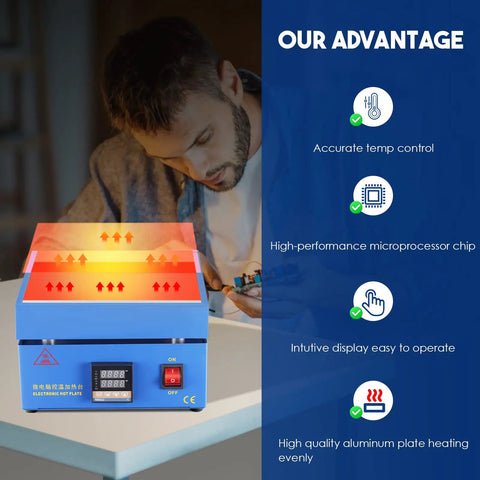 Pro Grade 110V 850W Soldering Hot Plate Station with LED and microcomputer control in use, highlighting features.