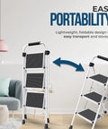 350 Lb Capacity 3 Step Folding Ladder With Non Slip Feet And Offset Legs Anti Slip Wide Steps And Handgrip ANSI Certified Lightweight Aluminum Stepping Stool For Kitchen Home Office And Garage folded and open