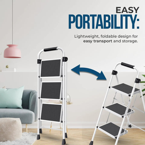 350 Lb Capacity 3 Step Folding Ladder With Non Slip Feet And Offset Legs Anti Slip Wide Steps And Handgrip ANSI Certified Lightweight Aluminum Stepping Stool For Kitchen Home Office And Garage folded and open