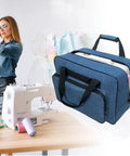 Universal Sewing Machine Carry Case With Thick Padded Handles For Household Models Fits Singer Brother Janome, blue fabric, sturdy design.