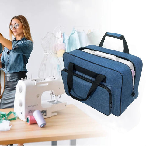 Universal Sewing Machine Carry Case With Thick Padded Handles For Household Models Fits Singer Brother Janome, blue fabric, sturdy design.