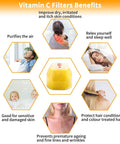Vitamin C filter benefits infographic including skin improvement, relaxation, air purification, hair protection, and aging prevention.