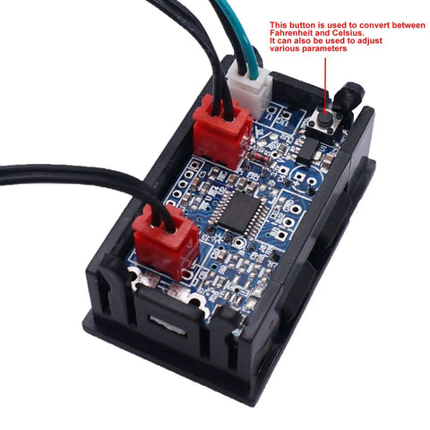 Dual LED Digital Thermometer With Fahrenheit Or Celsius Readouts, electronic circuit board with attached wires and connectors.
