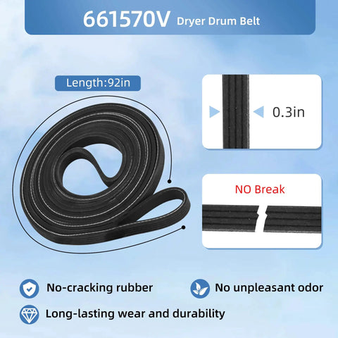 661570V dryer drum belt showing 92in length and durable 0.3in width, part of the Five Wheel Dryer Repair Kit Upgrade 4392067.
