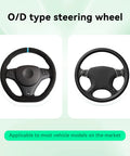 Premium Black Leather Steering Wheel Cover, Hella Soft Non Slip Grip, showing O/D type steering wheels for various vehicle models.