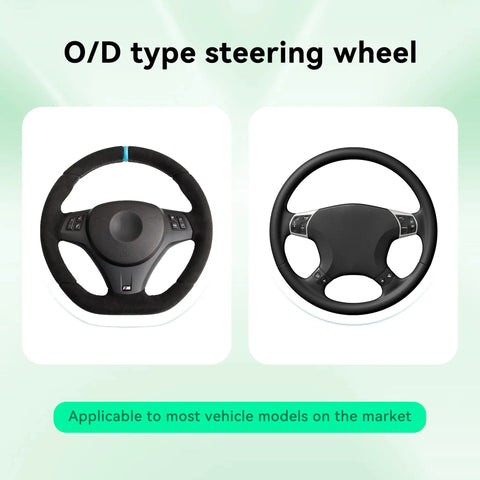 Premium Black Leather Steering Wheel Cover, Hella Soft Non Slip Grip, showing O/D type steering wheels for various vehicle models.