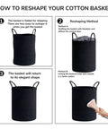 Steps to reshape Tall Black Woven Rope Laundry Basket; method includes stuffing with blankets or using an iron, basket regains shape