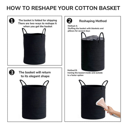 Steps to reshape Tall Black Woven Rope Laundry Basket; method includes stuffing with blankets or using an iron, basket regains shape