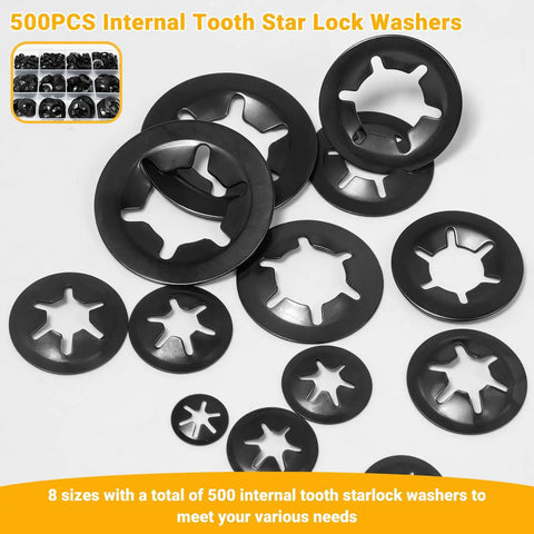500 Piece Internal Tooth Star Lock Washer Kit With Carbon Steel Black Oxide Finish, Push On Locking Washers Sizes M2.5 Through M12, Includes Push Nuts, Heavy Duty Hardware Set For Auto, Machinery, And DIY Projects in black varying sizes