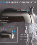 Close-up of brushed nickel tub spout with diverter and water flow, part of Brushed Nickel Shower Faucet Set With Tub Spout 4 Setting Handheld Shower Rough In Anti Scald Pressure Balanced Valve Included Wall Mounted Bathtub Shower System.