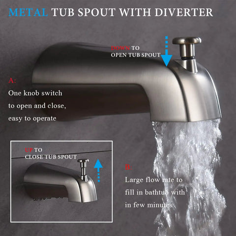 Close-up of brushed nickel tub spout with diverter and water flow, part of Brushed Nickel Shower Faucet Set With Tub Spout 4 Setting Handheld Shower Rough In Anti Scald Pressure Balanced Valve Included Wall Mounted Bathtub Shower System.