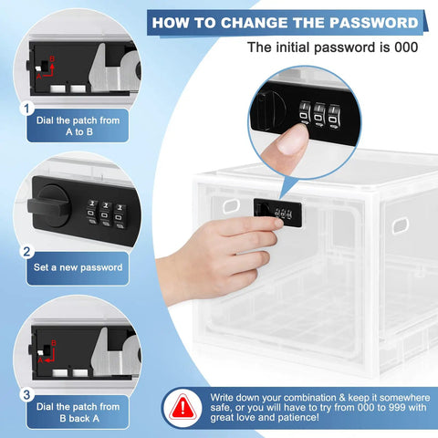 How to change password on Top Notch Lockable Medicine Storage Box With Straightforward Combination Dial showing steps and hand operating dial.
