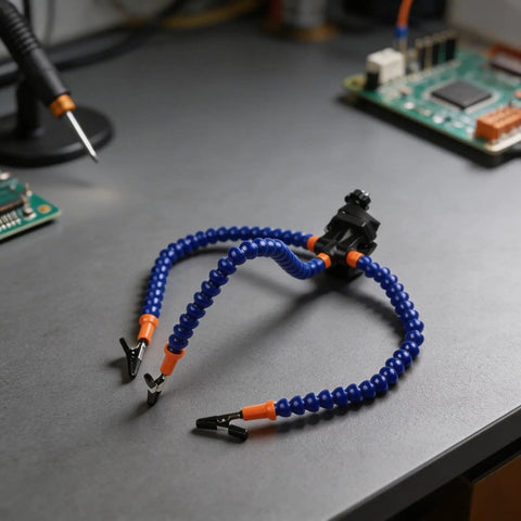 Three Arm Soldering Helping Hands Station With Adjustable Clips And Heat Resistant Stainless Steel Clips on workbench