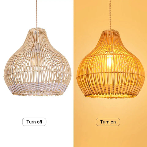 Rattan Round Pendant Light For Kitchen Island, Coastal Wicker Chandelier, white lampshade, off and warm glow on, side view.