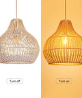 White Rattan Pendant Light For Kitchen Island And Living Room, Coastal Round Wicker Chandelier - turned off and on