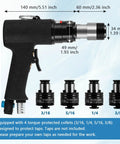 Heavy Duty Pneumatic Tapping Machine With Four Pieces Ansi Collets For Precision Internal Threading On Workpieces, showing dimensions and collets.