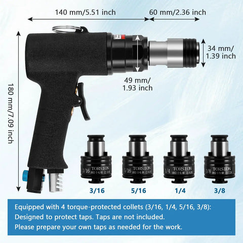 Heavy Duty Pneumatic Tapping Machine With Four Pieces Ansi Collets For Precision Internal Threading On Workpieces, showing dimensions and collets.