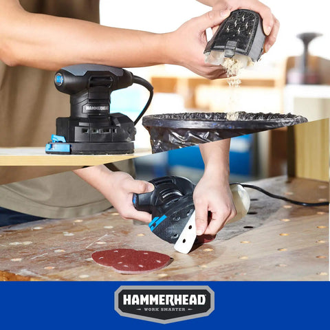 Beast Of A 1.4 Amp Detail Sander With 12000 OPM Dust Collection System in use, sanding wood with triangular attachment