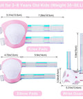 Pink All-In-One Kid Protective Gear Set With Knee Pads Elbow Pads And Wrist Guards For Inline Skating Biking Skateboarding Or Scooters Adjustable Rainbow Elastic 2 Of Each Pad Mesh Bag Included with measurements of each pad.