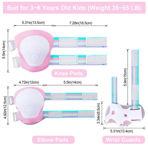 Pink All-In-One Kid Protective Gear Set With Knee Pads Elbow Pads And Wrist Guards For Inline Skating Biking Skateboarding Or Scooters Adjustable Rainbow Elastic 2 Of Each Pad Mesh Bag Included with measurements of each pad.