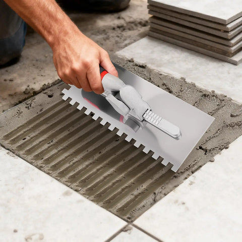 Pro Grade Versatile Tile Trowel Set With 6 Interchangeable Notched Blades And Quick Lock Handle during tile installation on floor