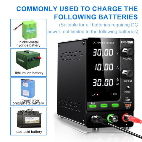 Variable DC Power Supply 30V 10A 300W Lab Bench Charger With Output Switch OCP Quick Charge Port Battery Mode Reverse Polarity Protection LiFePO4 And Lithium Ion Compatible